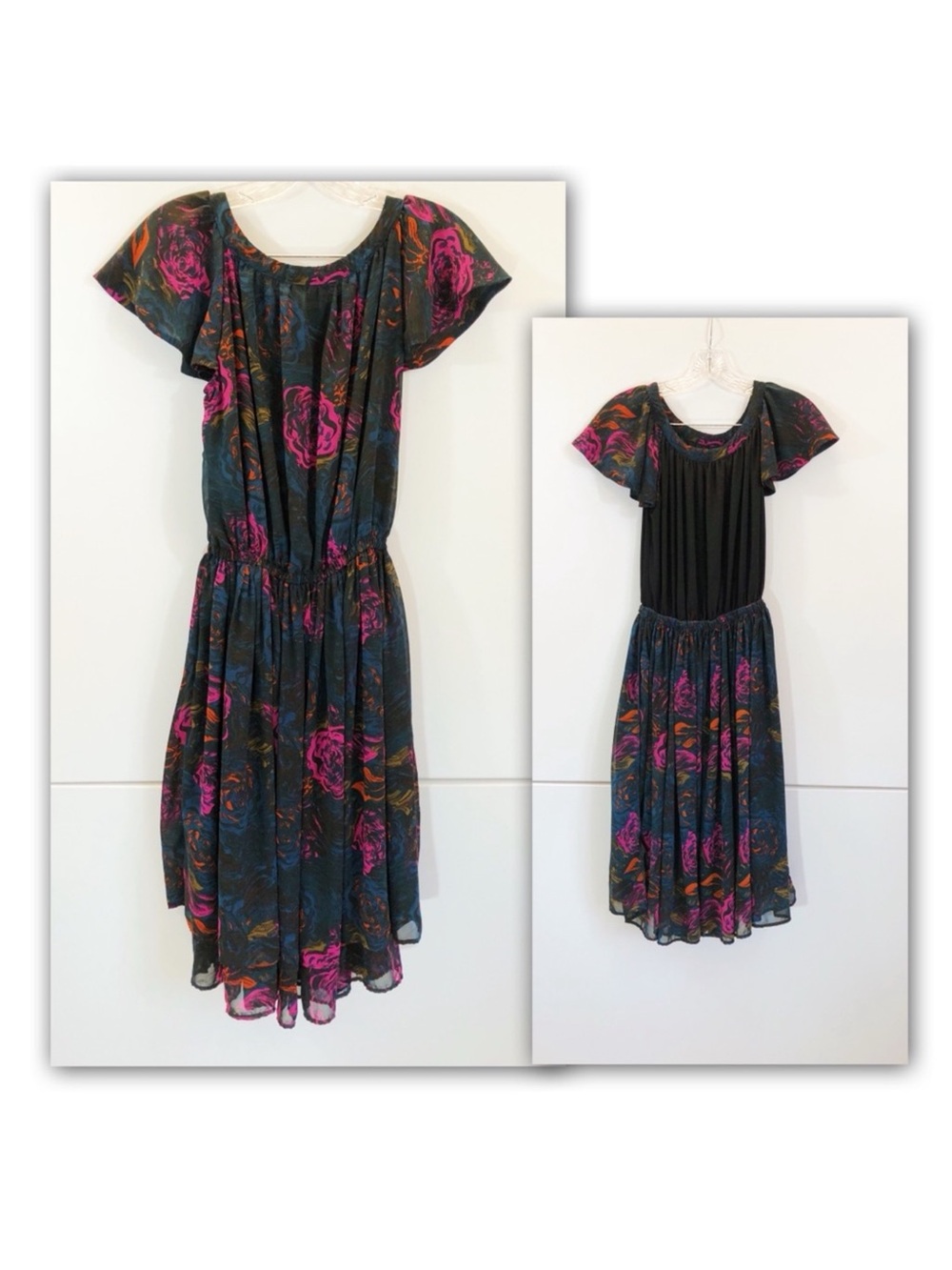 H&M Black Midi Dress with Pink and Orange Floral Print